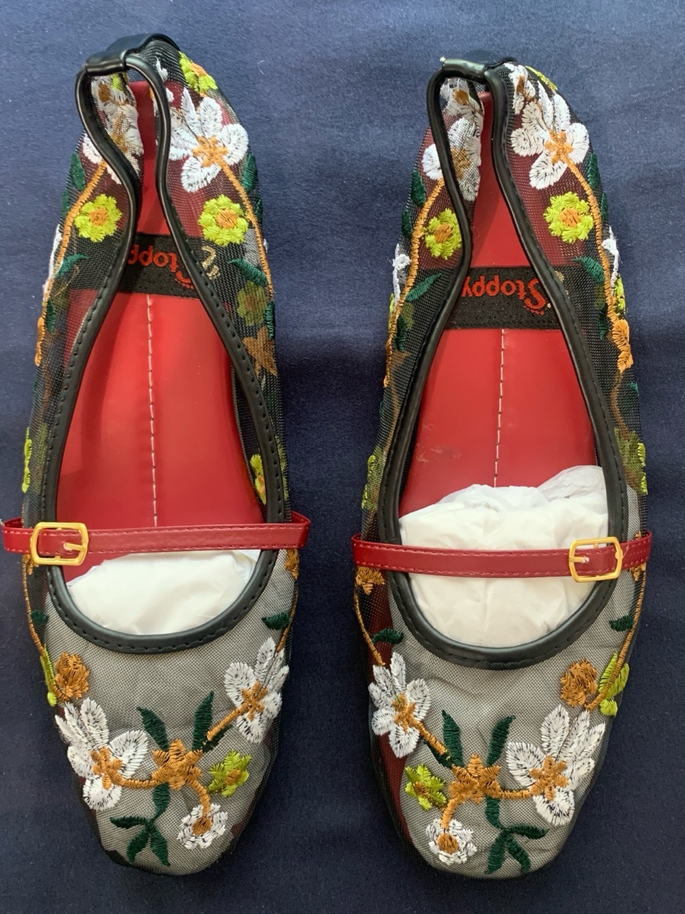 Embroidered Floral Mary Jane Flats in Red and Multicolor